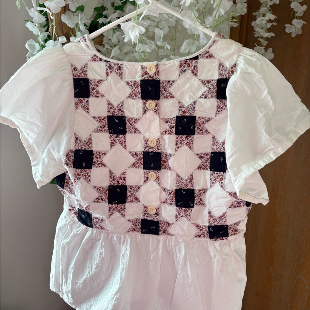 Madewell Flutter - Sleeve Peplum Top in Patchwork Quilted Patterned Blouse - Picture 9 of 11